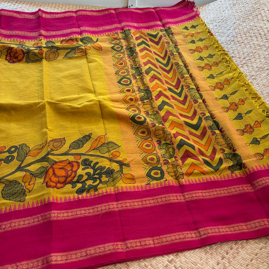 Olive Green Kalamkari Hand Painted on Chettinad Cotton saree