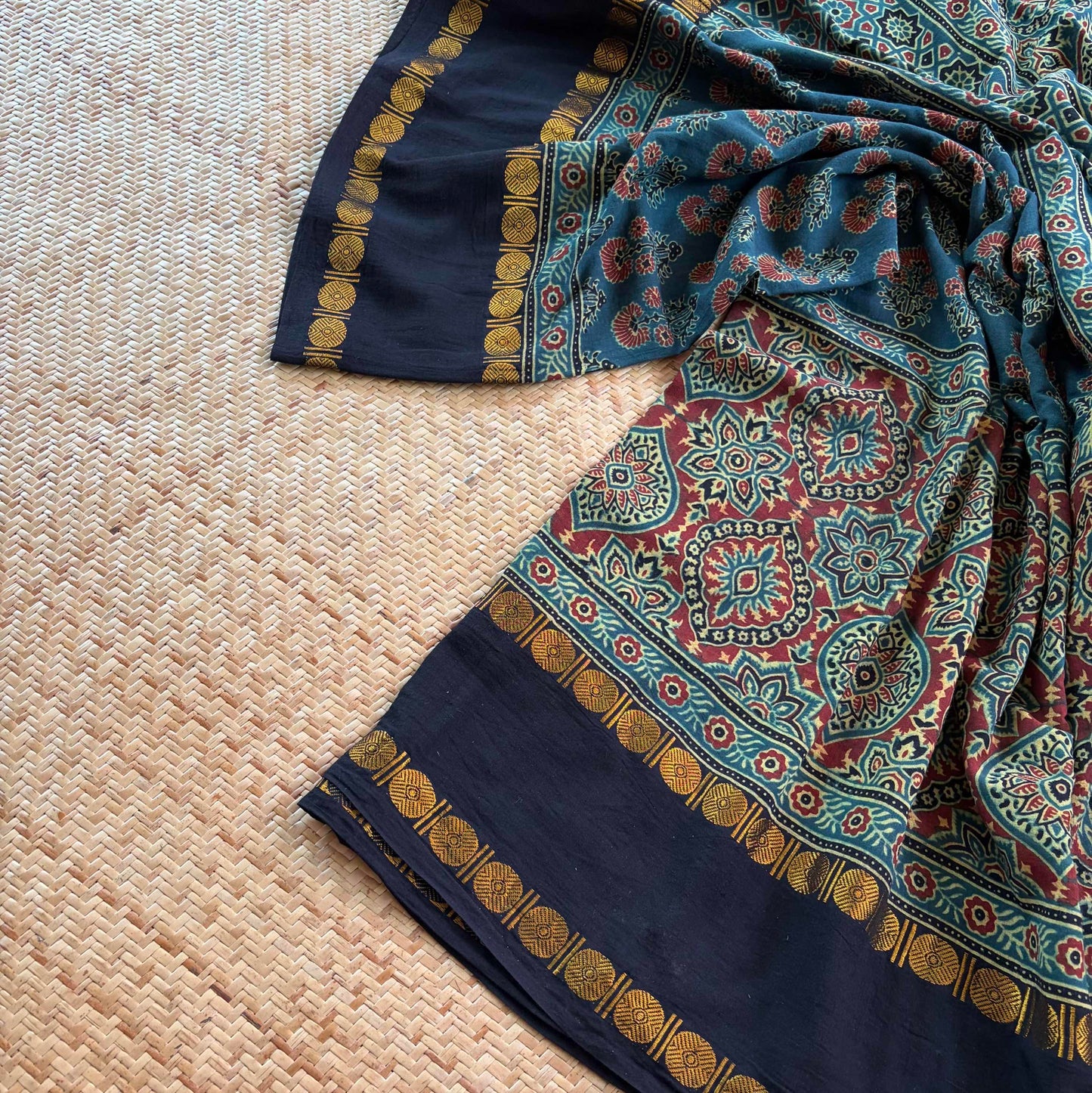 Rama Green, Ajrak Hand Block Printed On Madurai Cotton Saree With Zari