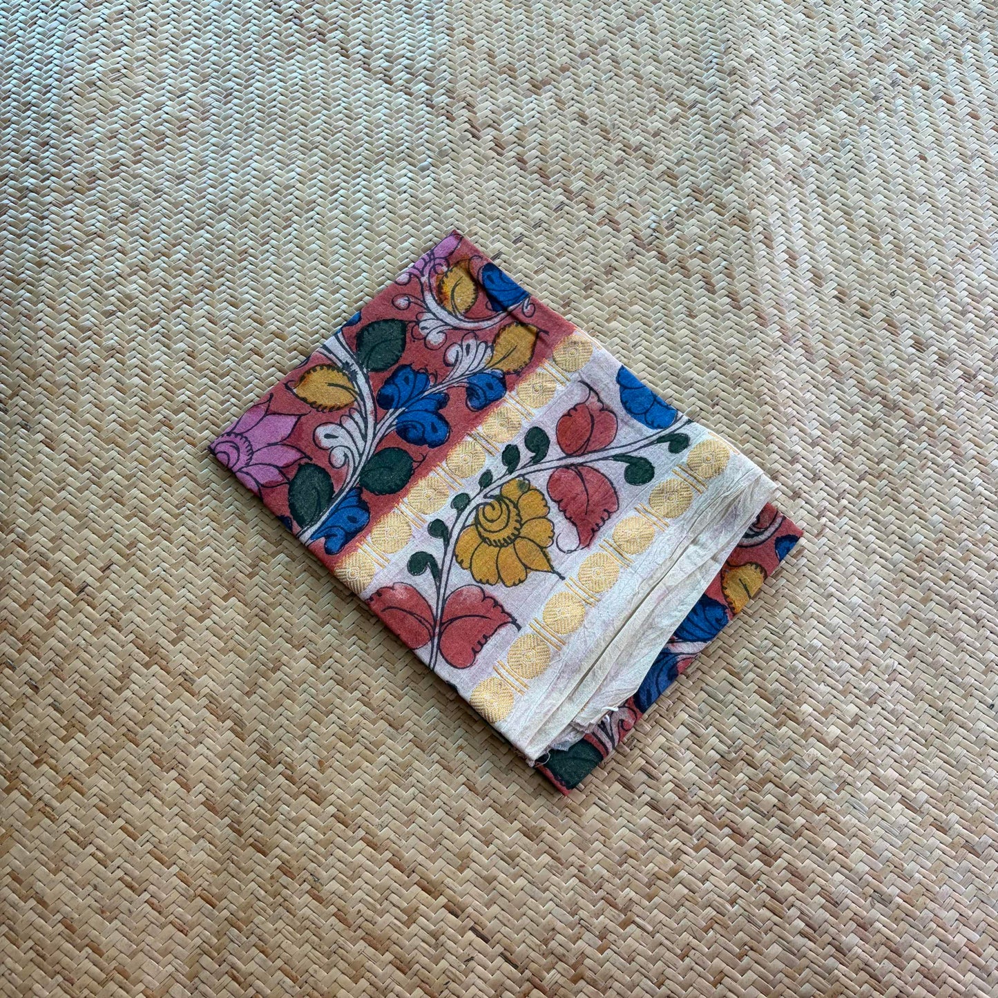 Red Floral, Kalamkari Hand Painted on a Madurai Sungudi Cotton 1.20 METER FABRIC