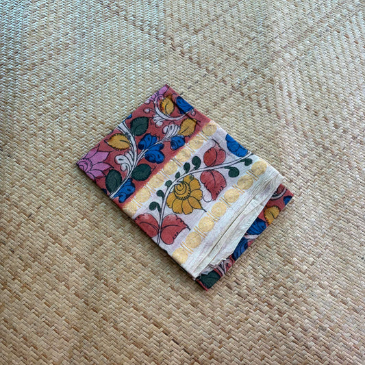 Red Floral, Kalamkari Hand Painted on a Madurai Sungudi Cotton 1.20 METER FABRIC