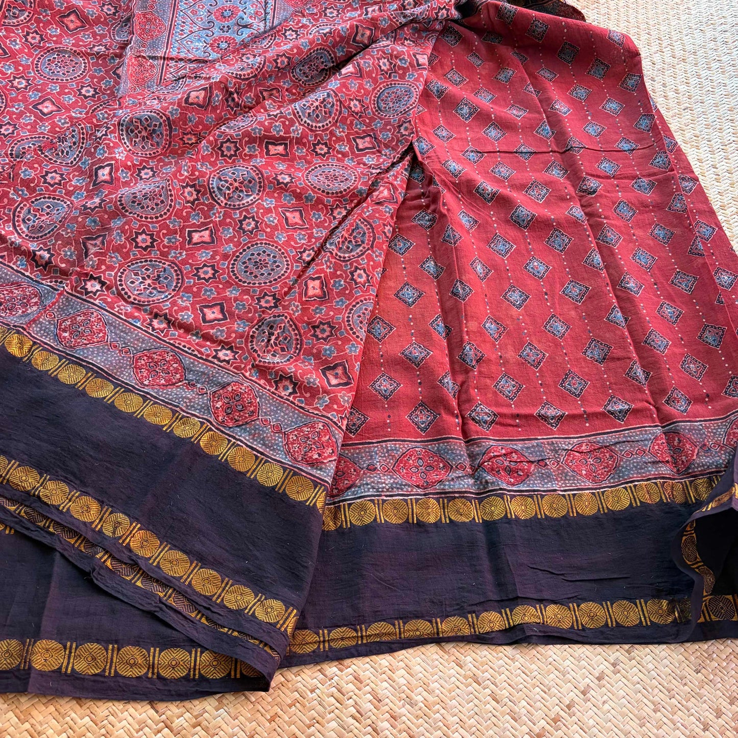 Diamond Red, Ajrak Hand Block Printed On Madurai Cotton Saree With Zari