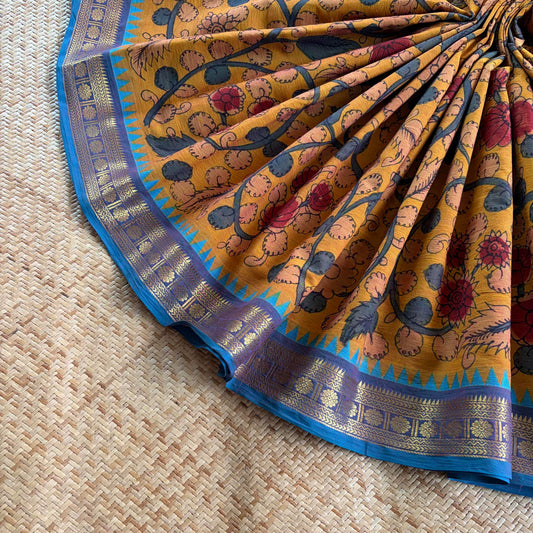Peach, Kalamkari Hand Painted on Chettinad Cotton saree