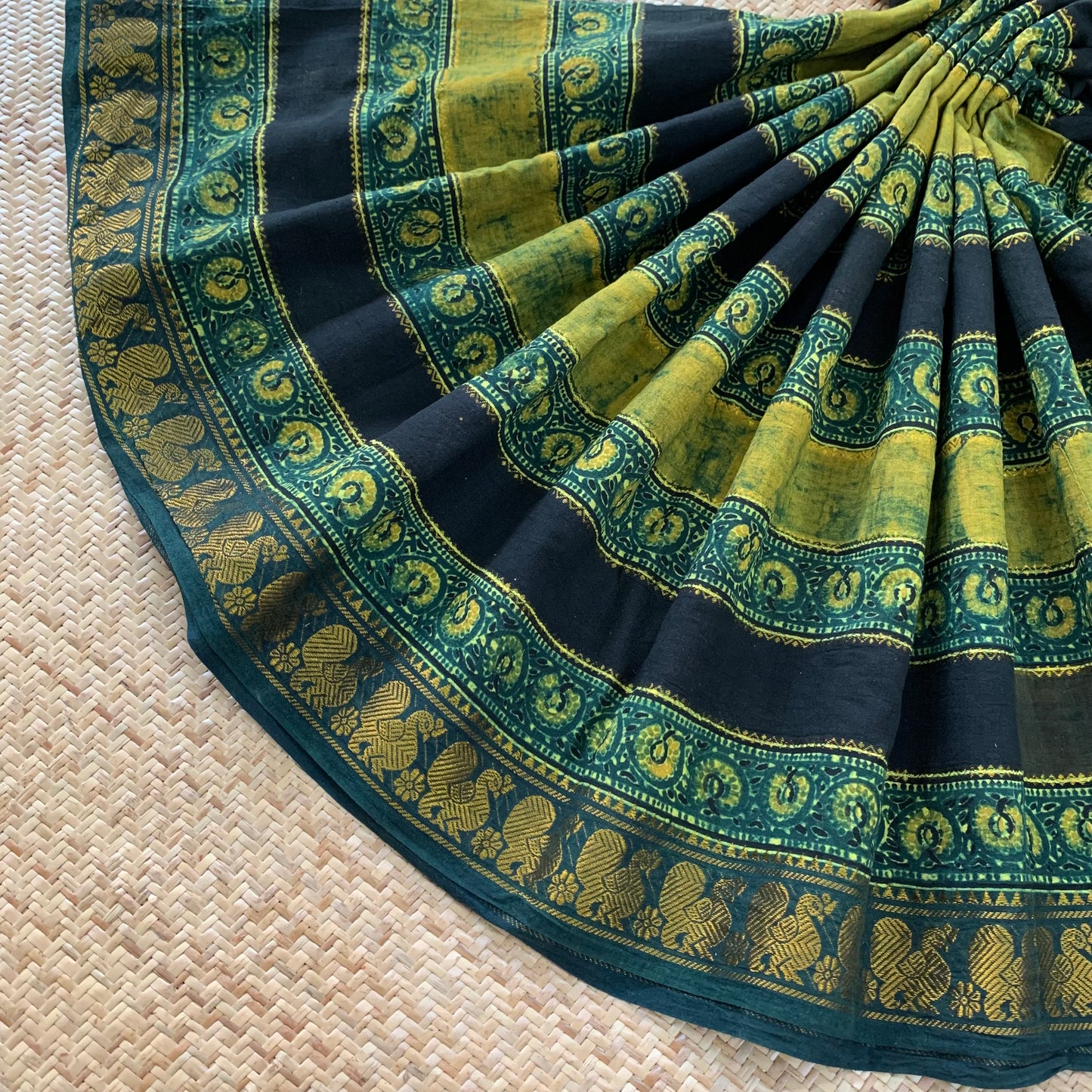 Trailing Plants-Green, Ajrak Hand Block Printed On Madurai Cotton Saree With Zari