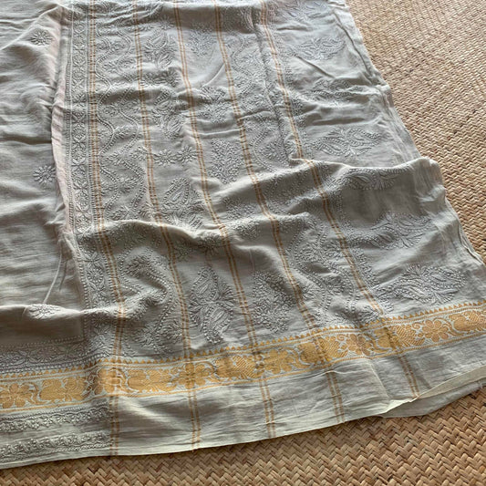 Grey Chickankari Hand Embroidery on a Sungudi Cotton Saree