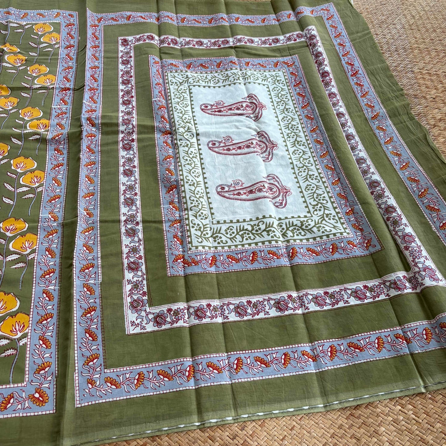 Mul Mul Cotton saree, Hand Block Printed, Green