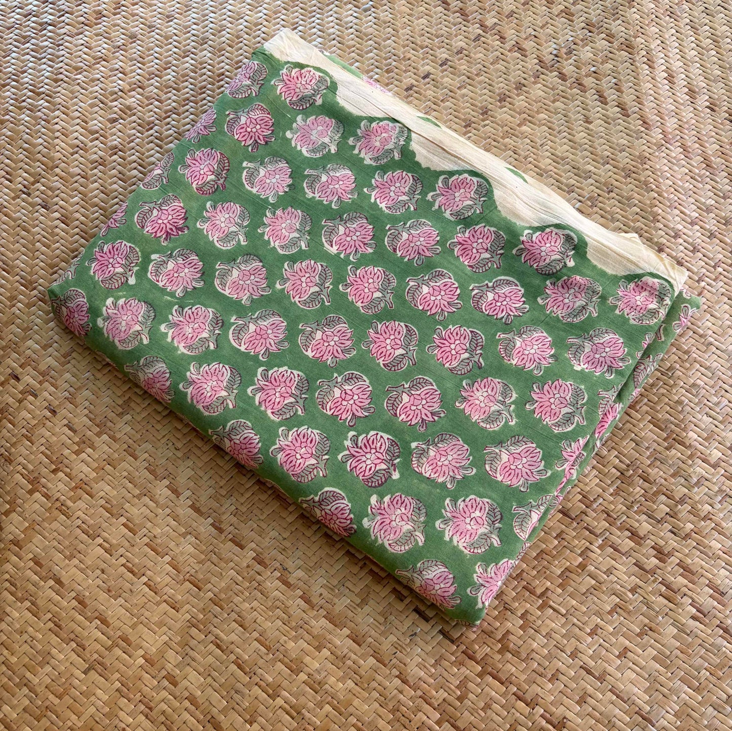 Hand Block Printed Sanganeri Cotton Running Fabric, Green