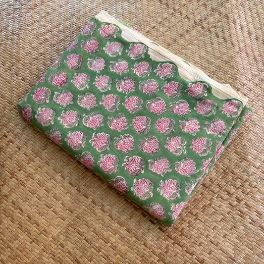 Hand Block Printed Sanganeri Cotton Running Fabric, Green