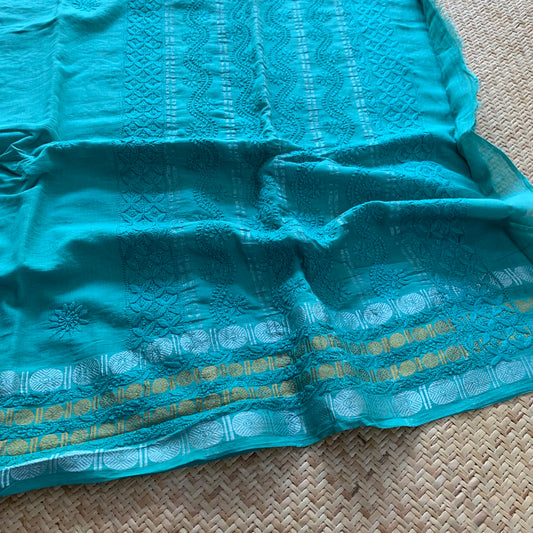 Aqua Chickankari Hand Embroidery on a Sungudi Cotton Saree