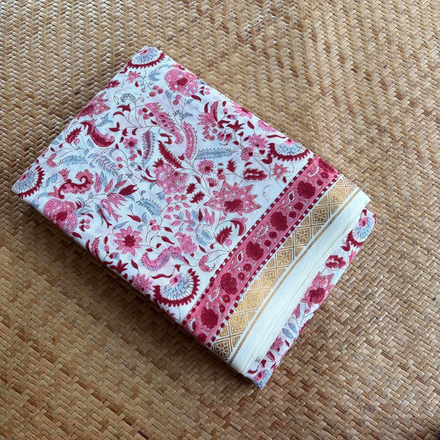 White, Jaipur Hand Block Printed On Madurai Cotton Saree With Zari