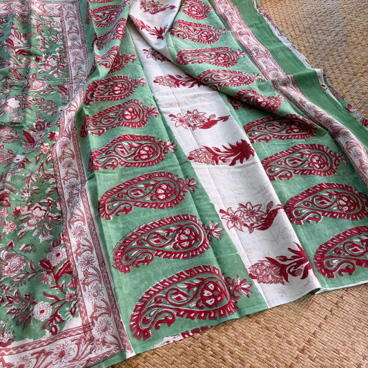 Mul Mul Cotton saree, Hand Block Printed, Green