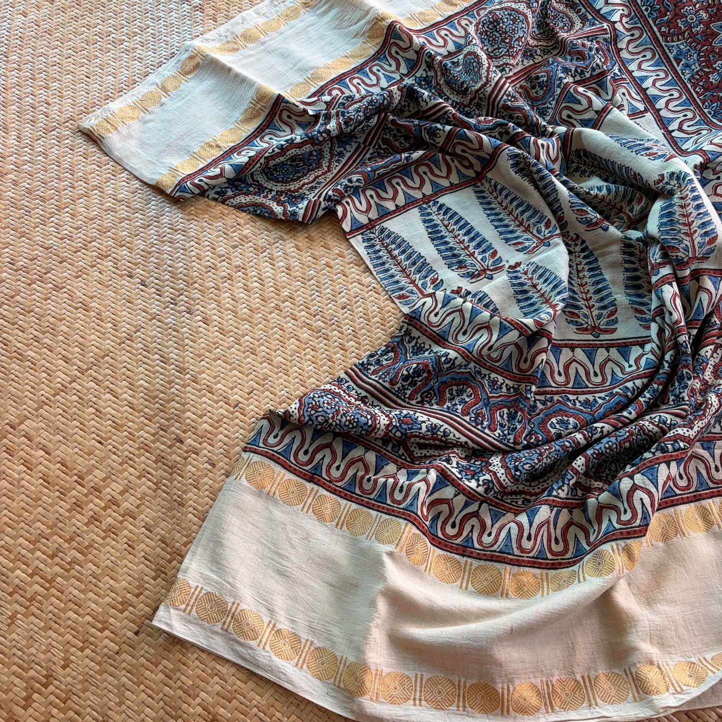 Pinecone-Cream , Ajrak Hand Block Printed On Madurai Cotton Saree With Zari