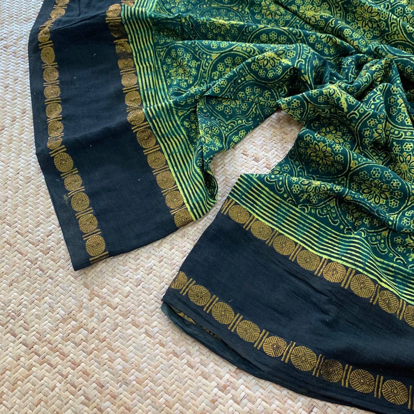 Patterned Flowers, Ajrak Hand Block Printed On Madurai Cotton Saree With Zari