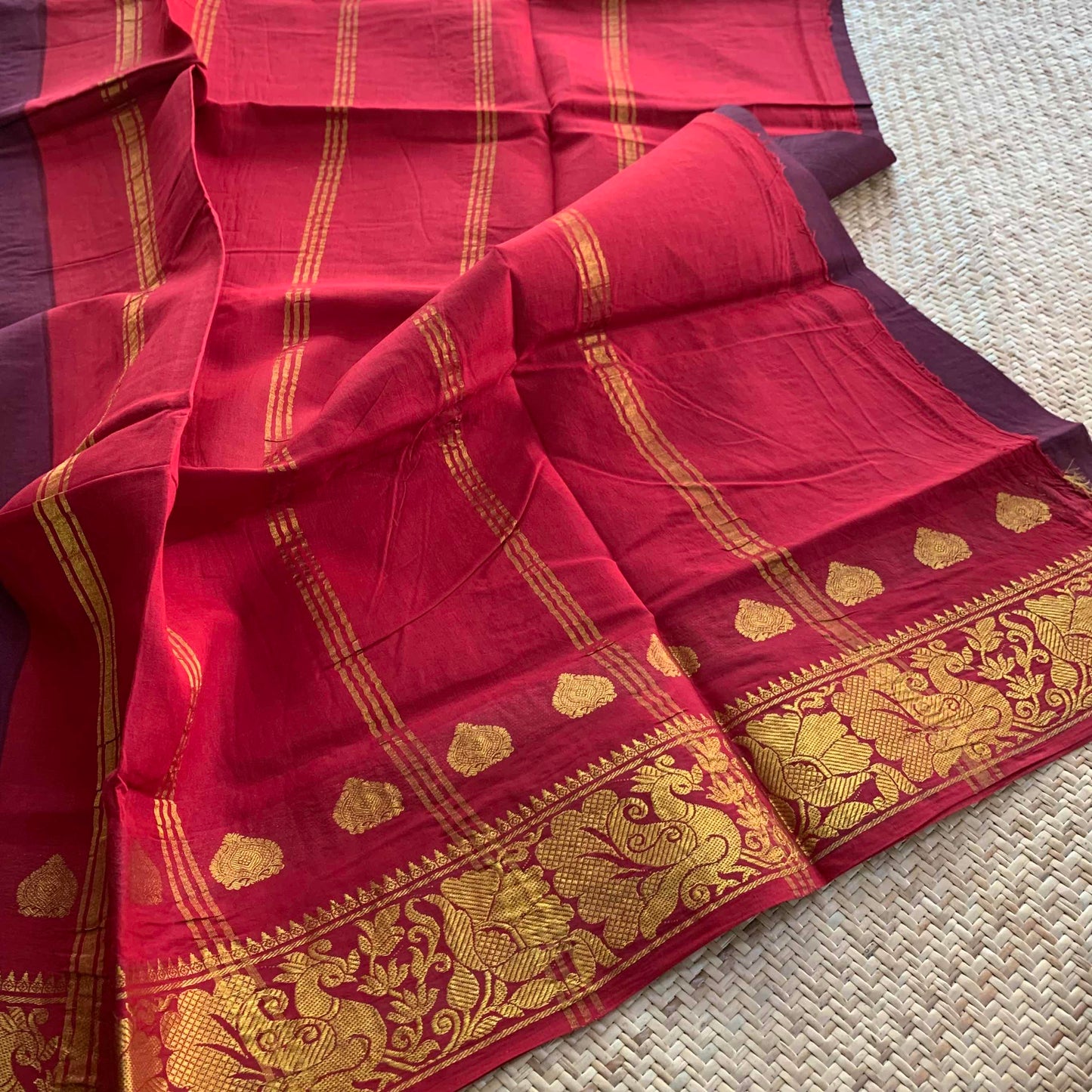 Brown Saree With Red Half Fine Zari Border, Clamp dyed (Kattu sayam).