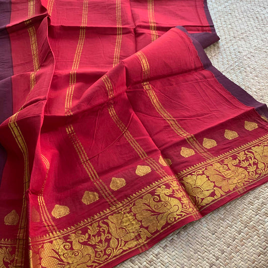 Brown Saree With Red Half Fine Zari Border, Clamp dyed (Kattu sayam).