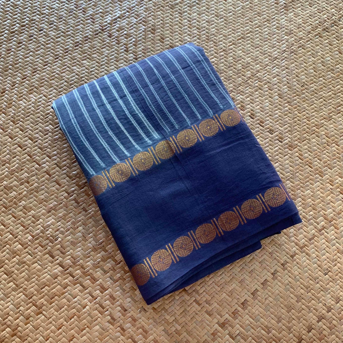 Lines - Denim Blue, Hand Crafted Shibori Sungudi Cotton Saree