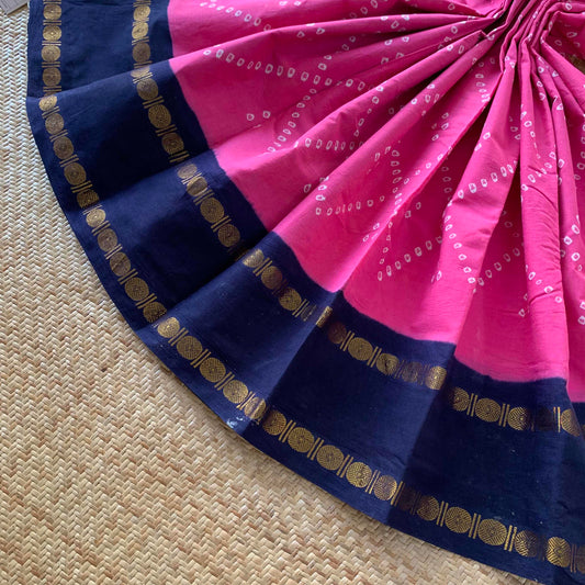 Pink With Navy Saree , Hand knotted Sungudi , Kaikattu Cotton Sungadi