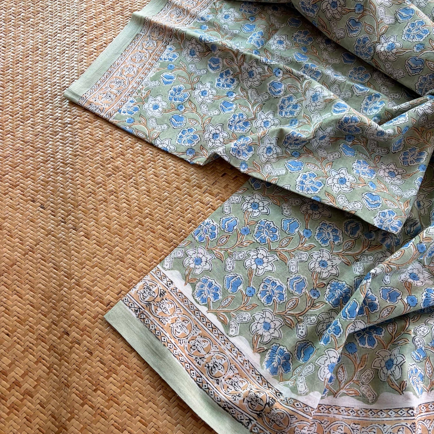 Mul Mul Cotton saree, Hand Block Printed, Pastel Green