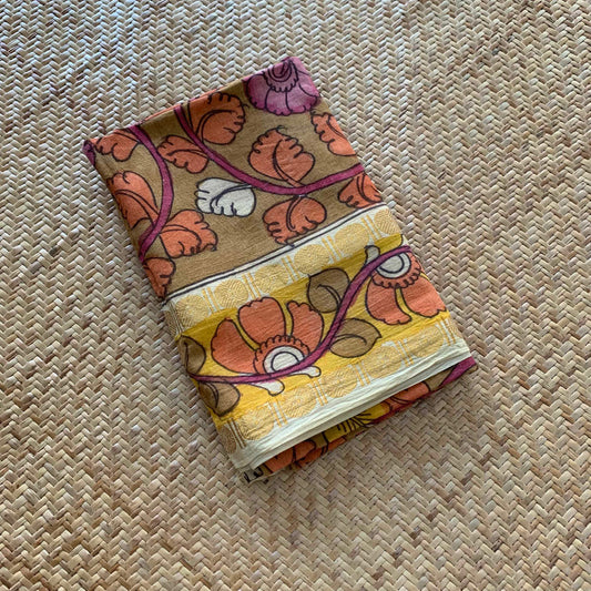 Mustard Floral, Kalamkari Hand Painted on a Madurai Sungudi Cotton BLOUSE