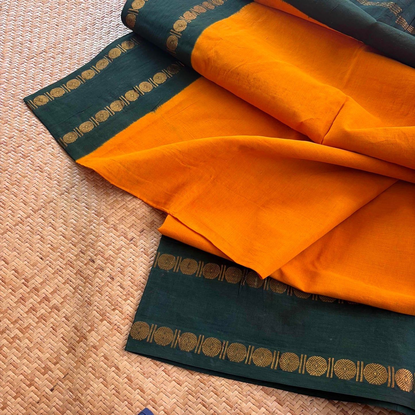 Yellow Saree With Running Blouse , Zari Rudraksham Rettai Pettu Border , Clamp dyed (Kattu sayam)