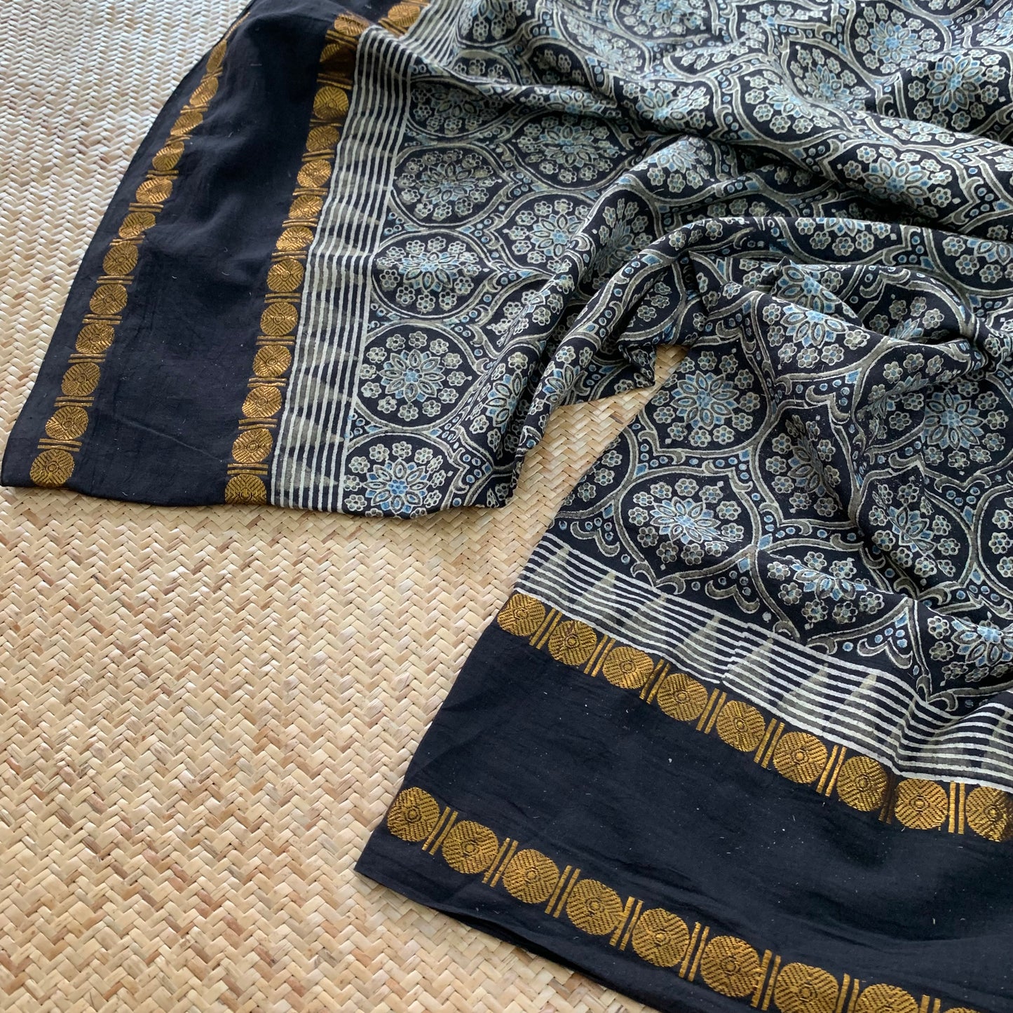 Patterned Flowers-Charcoal , Ajrak Hand Block Printed On Madurai Cotton Saree With Zari