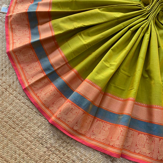 Lime Green Saree With Thread Border, Chettinadu Cotton Saree