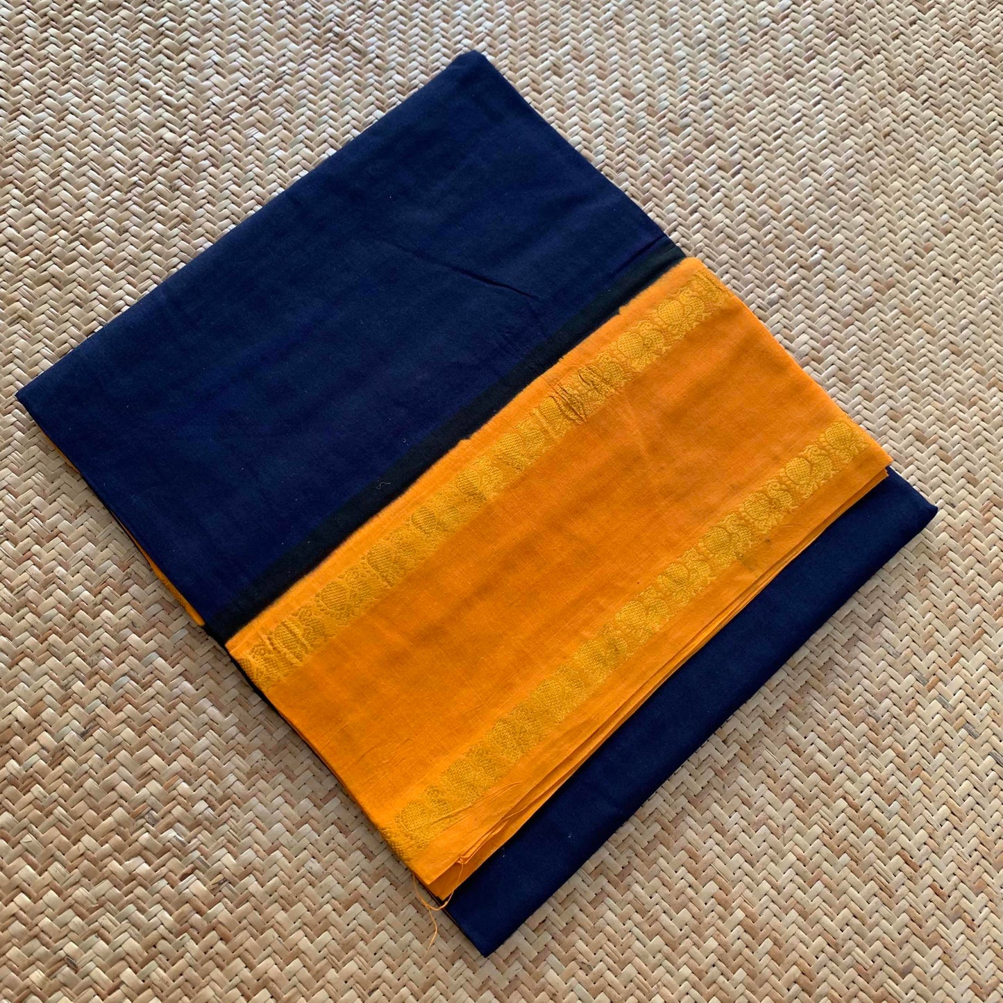 Navy Saree With Yellow Border, Zari Annam Rettai Pettu Border , Clamp dyed (Kattu sayam).