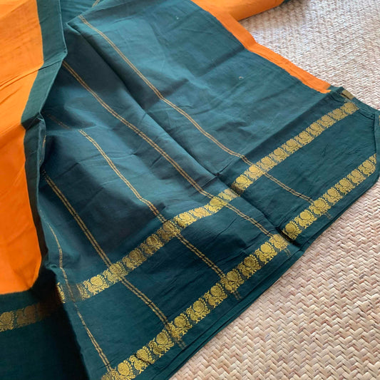 Yellow Saree With Green Border, Zari Annam Rettai Pettu Border , Clamp dyed (Kattu sayam).