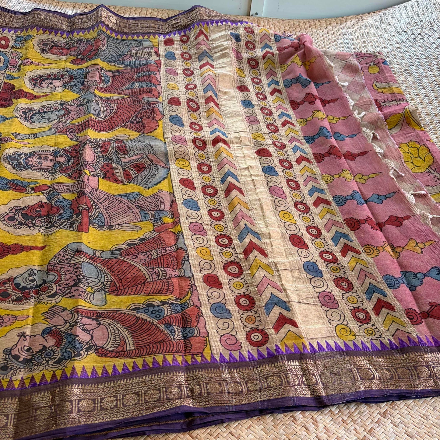 Pink, Kalamkari Hand Painted on Chettinad Cotton saree