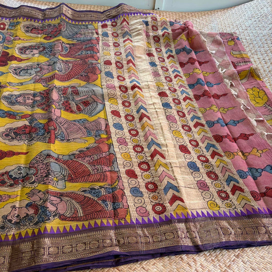 Pink, Kalamkari Hand Painted on Chettinad Cotton saree