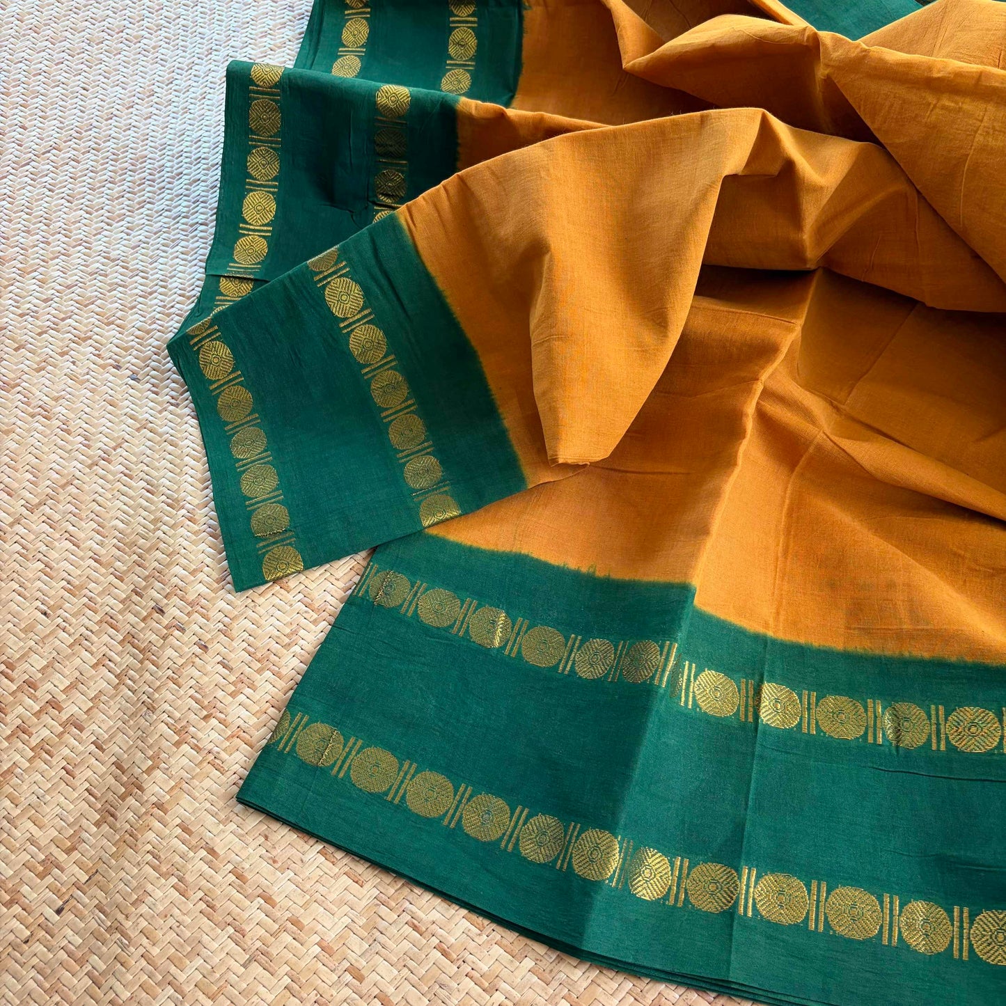 Mustard Saree With Running Blouse , Zari Rudraksham Rettai Pettu Border , Clamp dyed (Kattu sayam)