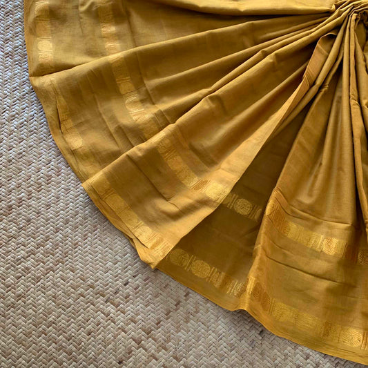 Golden Mustard Saree With Ajrak Blouse , Zari Rudraksham Rettai Pettu Border , Clamp dyed (Kattu sayam).