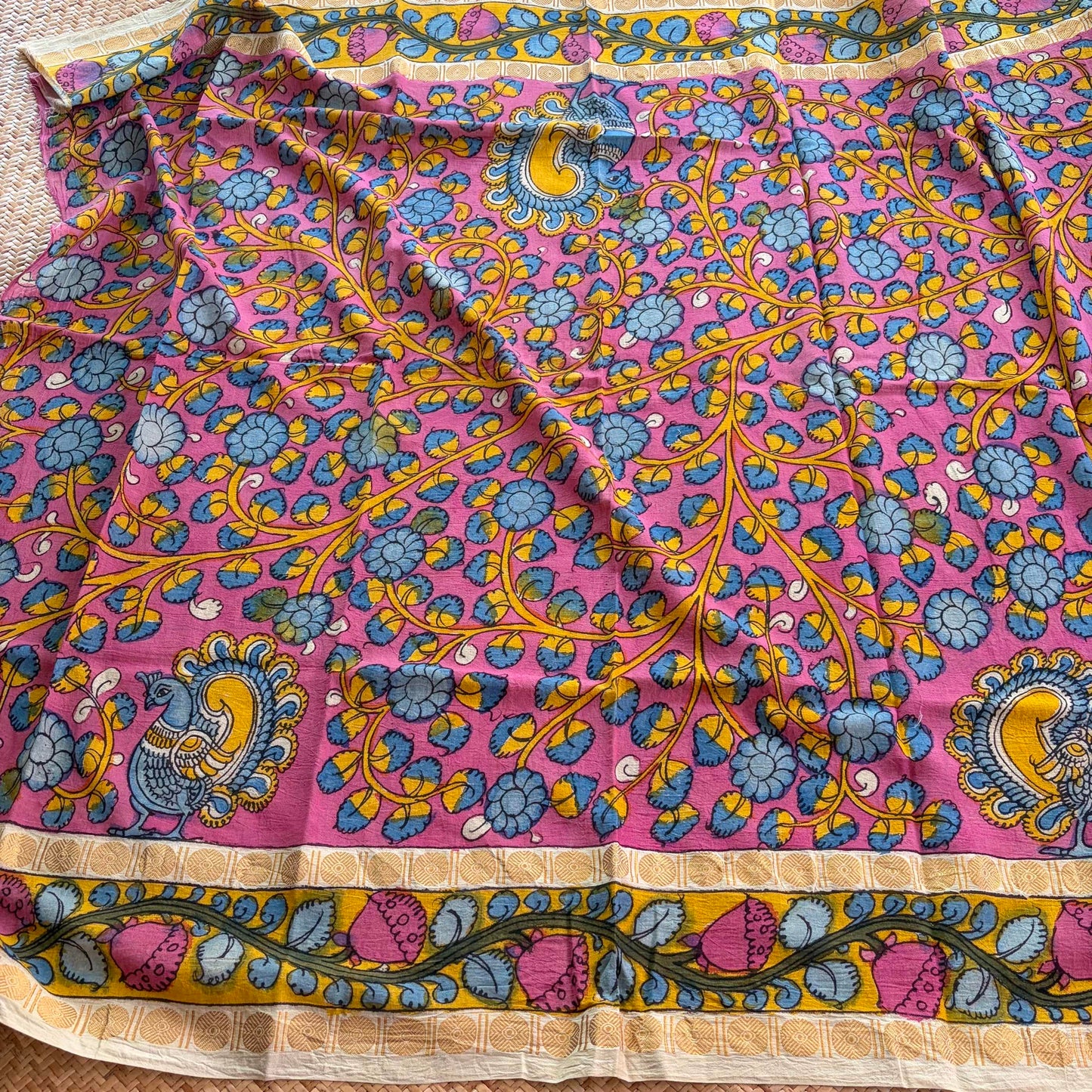 Pink Floral, Kalamkari Hand Painted on a Madurai Sungudi Cotton 1.20 METER FABRIC