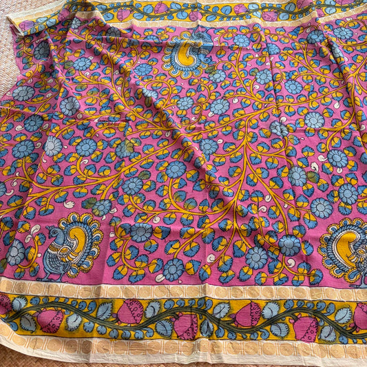 Pink Floral, Kalamkari Hand Painted on a Madurai Sungudi Cotton 1.20 METER FABRIC