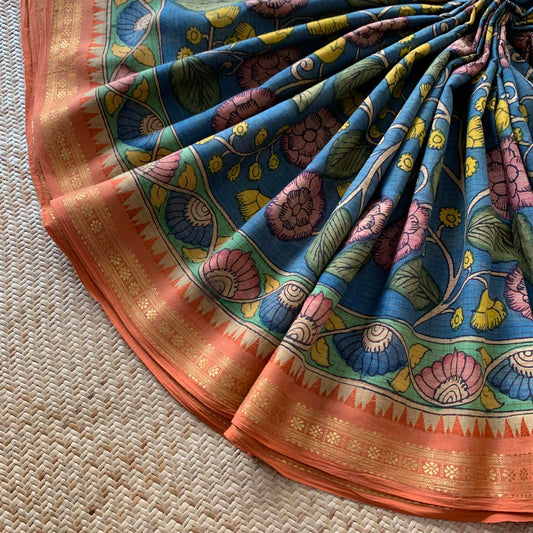 Teal, Kalamkari Hand Painted on Chettinad Cotton saree
