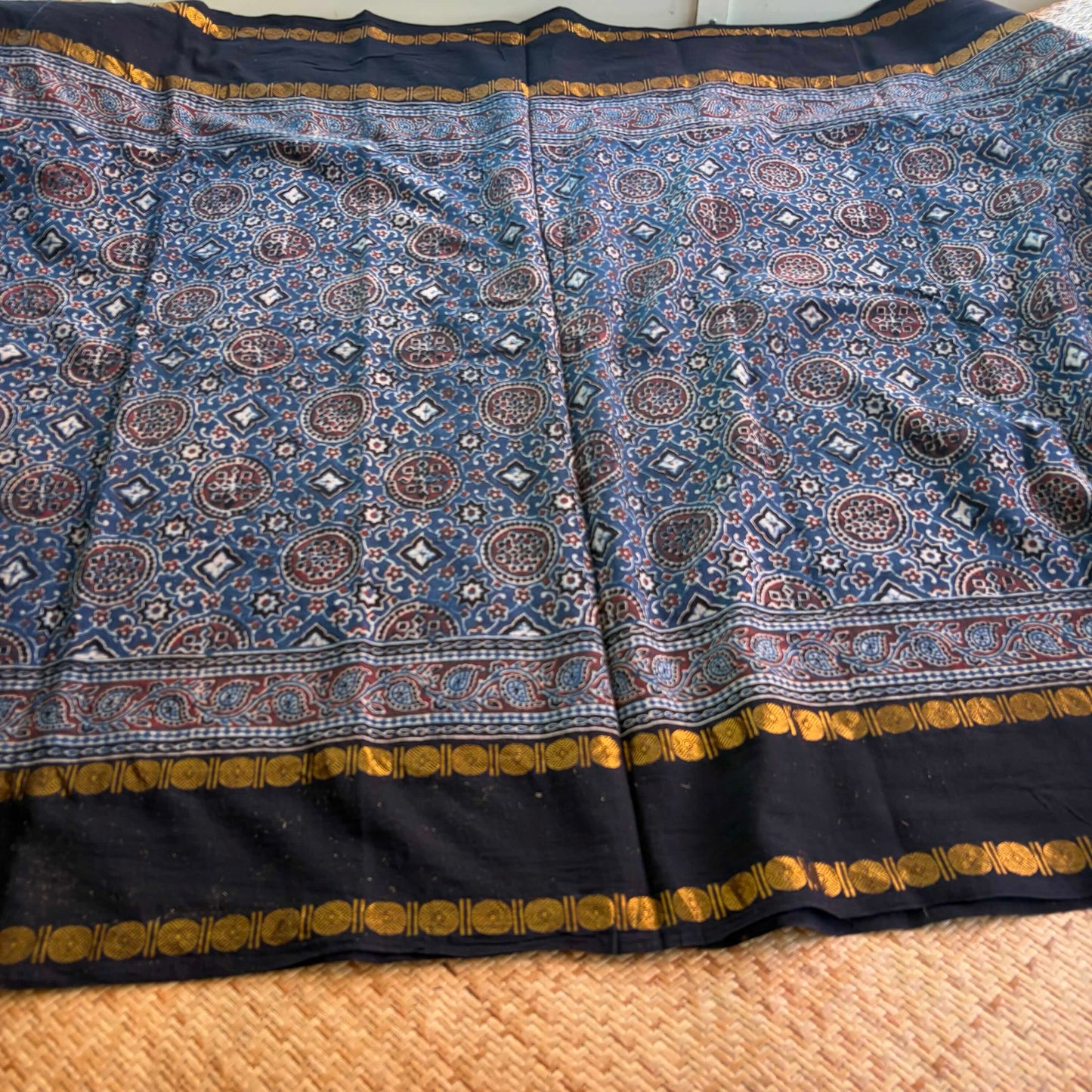 Indigo, Ajrak Hand Block Printed On Madurai Cotton Saree With Zari