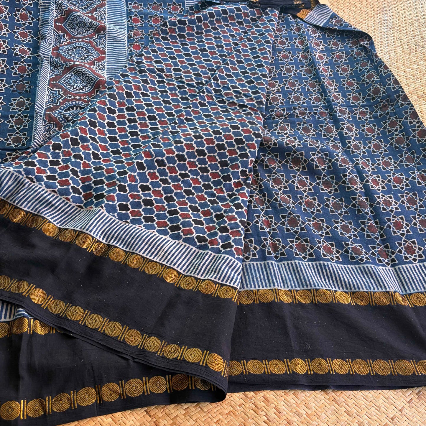 Atoms-Indigo, Ajrak Hand Block Printed On Madurai Cotton Saree With Zari