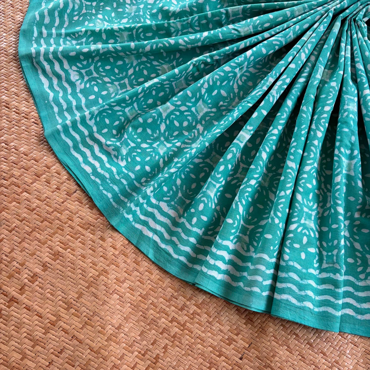 Mul Mul Cotton saree, Hand Block Printed, Aqua