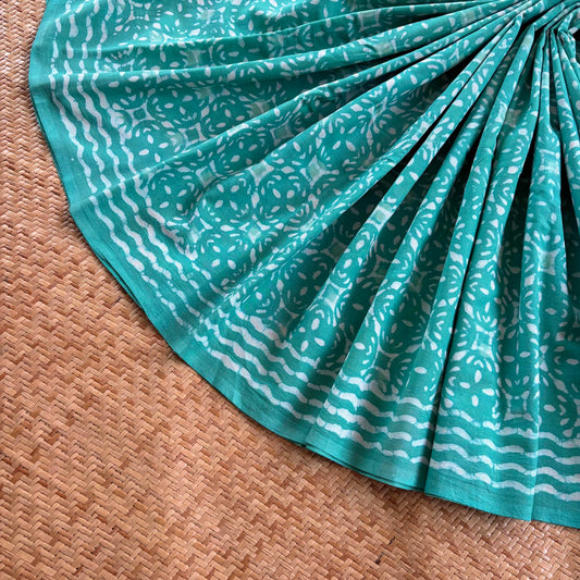 Mul Mul Cotton saree, Hand Block Printed, Aqua