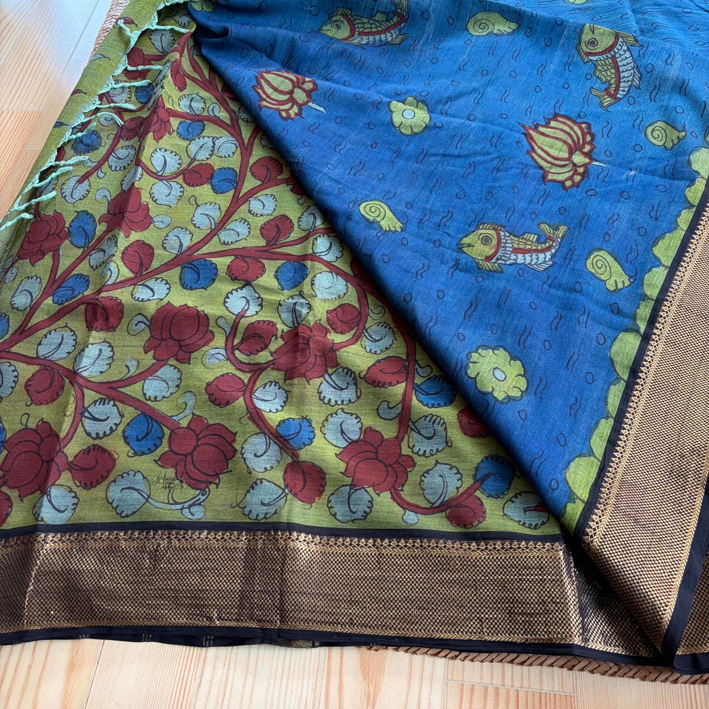 Blue Kalamkari Hand Painted on Chettinad Cotton saree