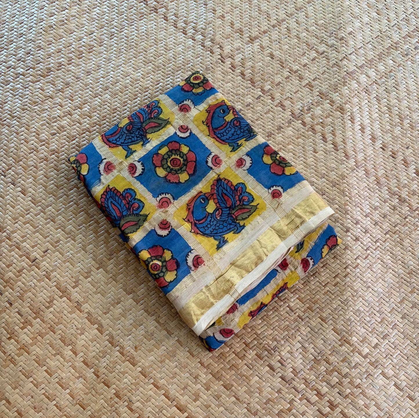 Peacock, Kalamkari Hand Painted on a Madurai Velthari Sungudi Cotton saree.