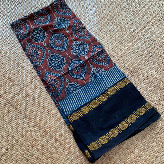 Blue, Natural Dyeing Ajrak Hand Block Printed Cotton Cut Fabric