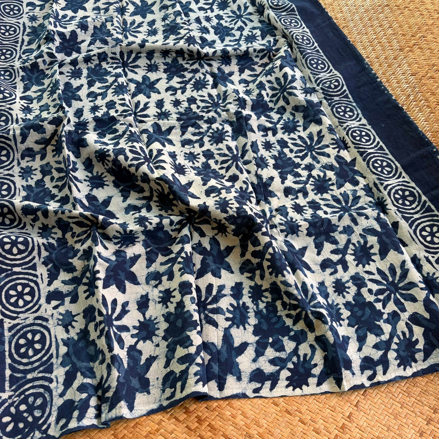 Mul Mul Cotton saree, Hand Block Printed, Blue