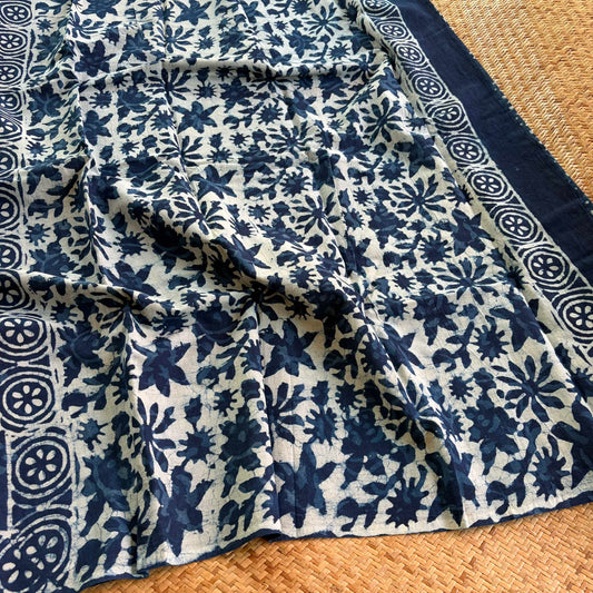 Mul Mul Cotton saree, Hand Block Printed, Blue