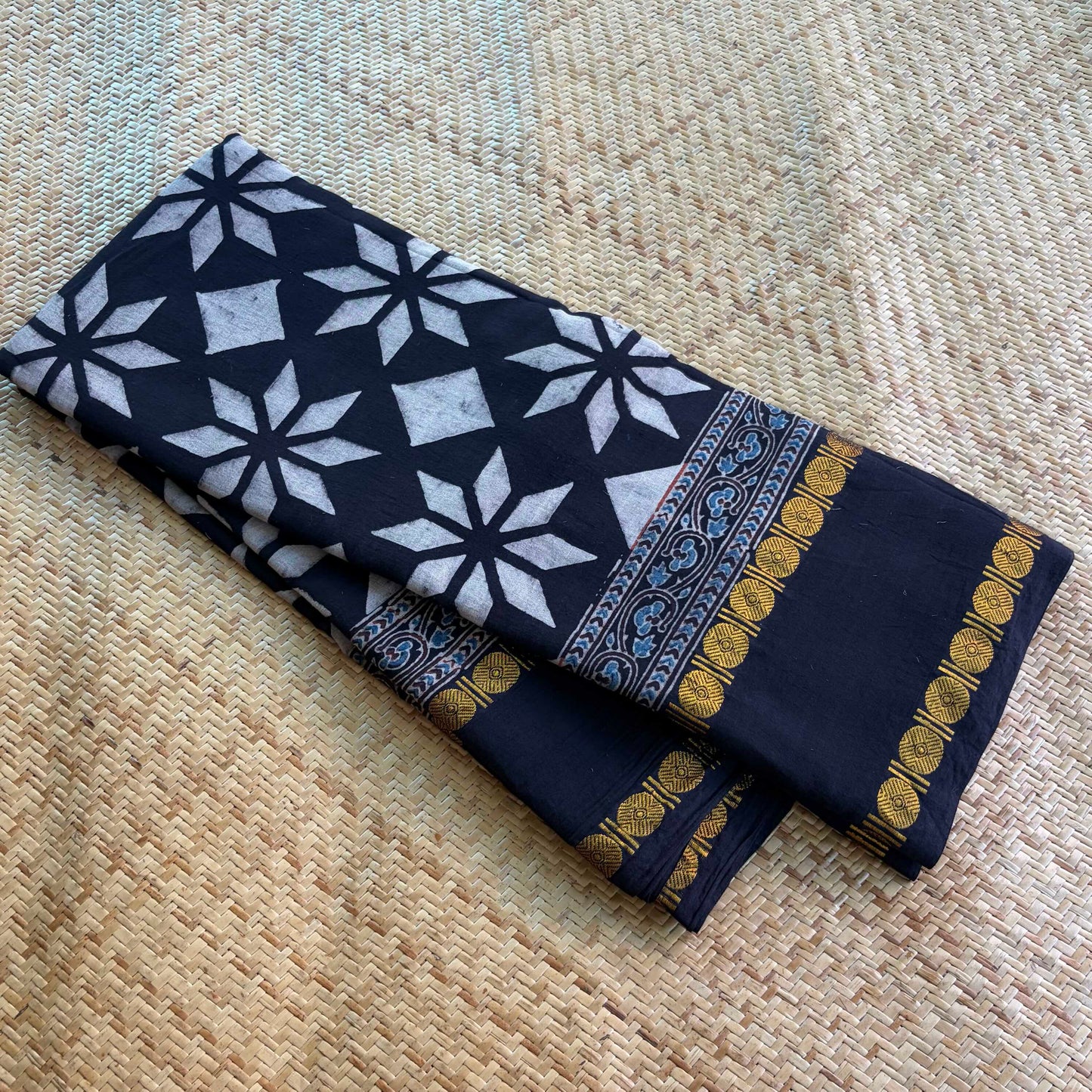 Black, Ajrak Hand Block Printed On Madurai Cotton Saree With Zari