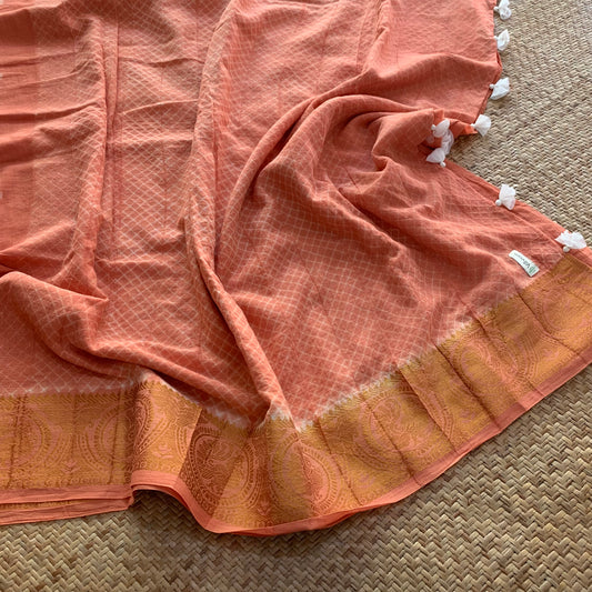Pastel Orange, Hand Crafted Nui Shibori Sungudi Cotton Saree