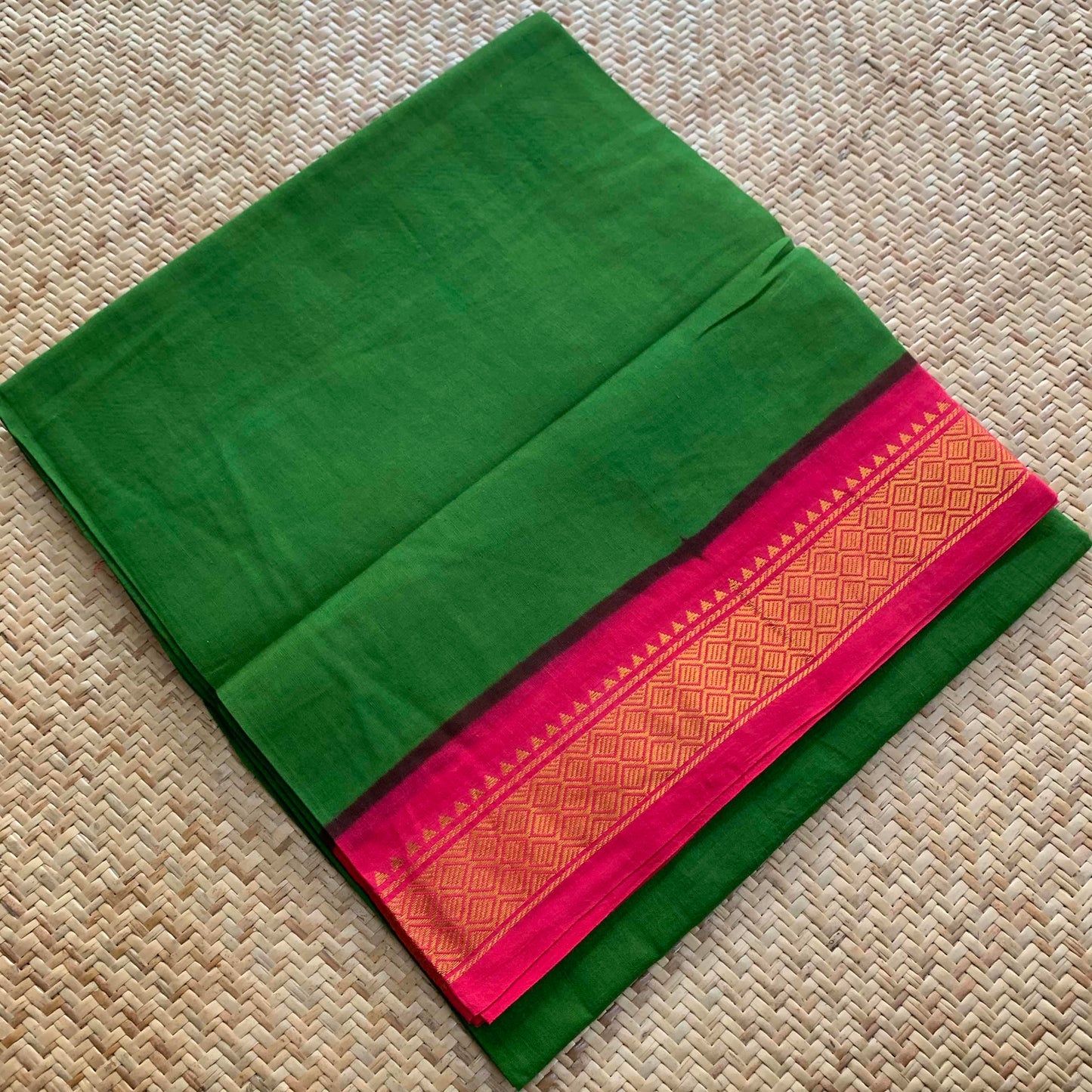 Green Saree With Pink Half Fine Zari Border, Clamp dyed (Kattu sayam).