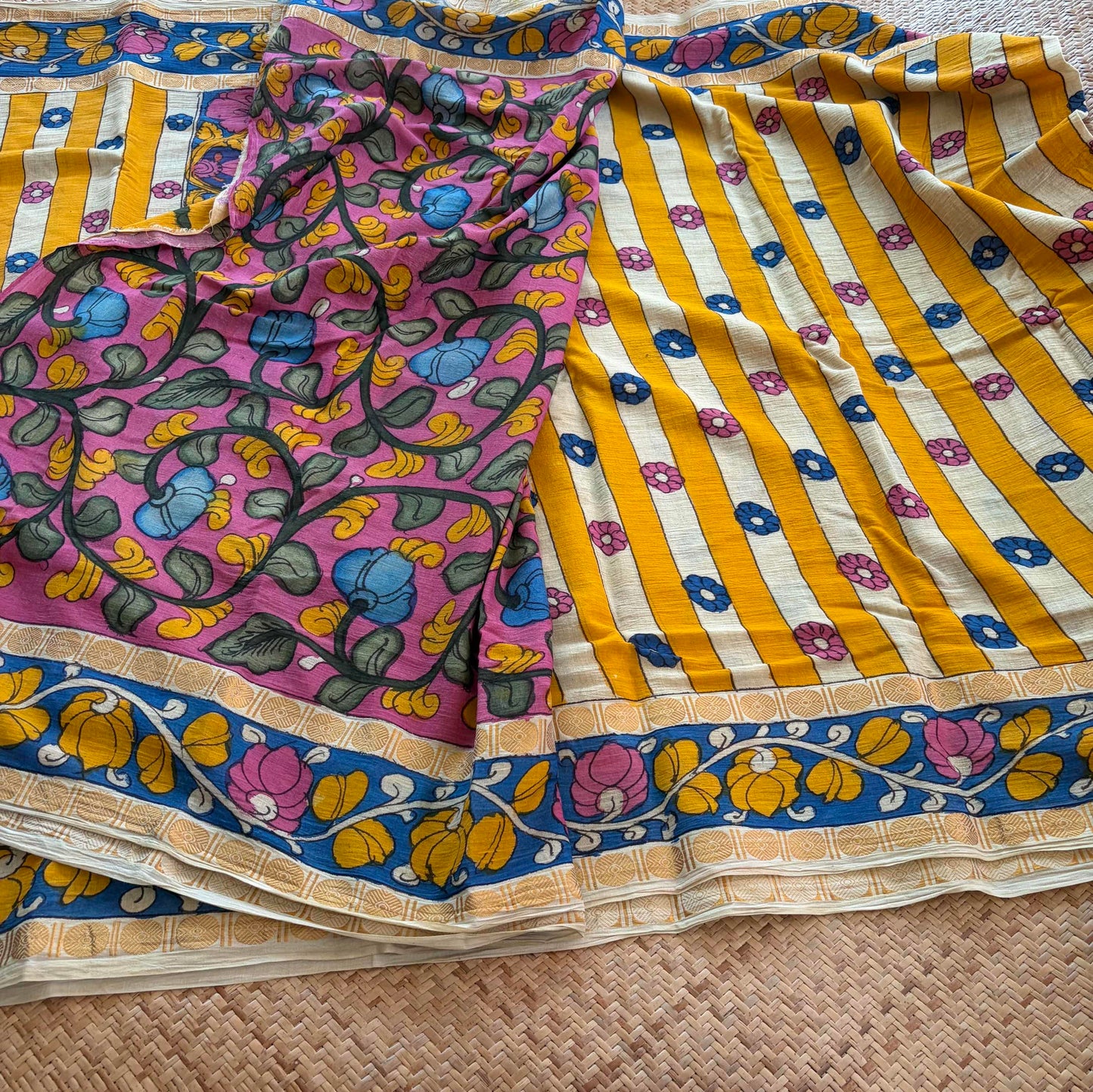 Yellow Strips Kalamkari Hand Painted on Cotton Sungudi Saree With Blouse