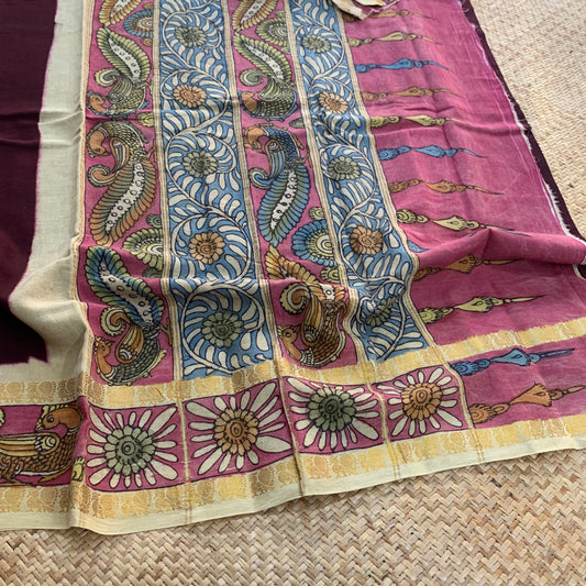 Brown - Kalamkari Hand Painted on a Madurai Sungudi Cotton saree.