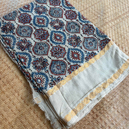 Cream, Natural Dyeing Ajrak Hand Block Printed Cotton Running Fabric