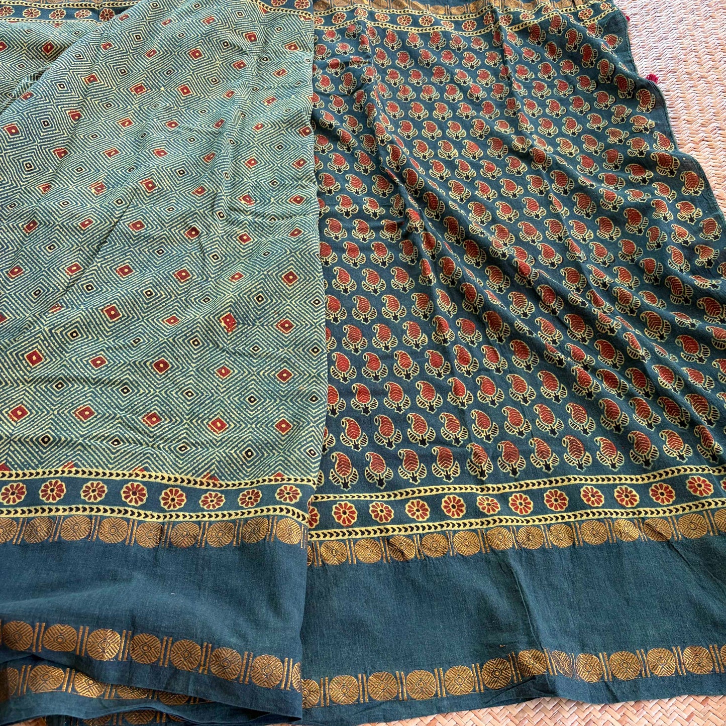 Green, Ajrak Hand Block Printed On Madurai Cotton Saree With Zari